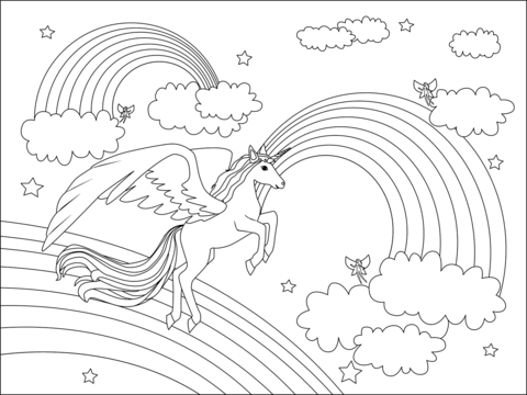 Winged Unicorn And Rainbow Coloring Page